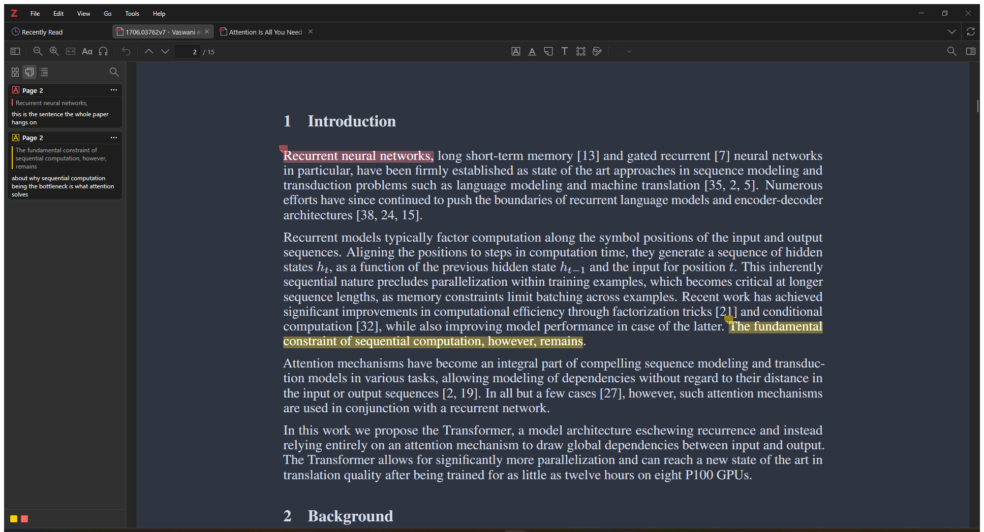 Zotero's annotation sidebar showing two highlight cards from the Attention Is All You Need paper, each carrying a typed full-sentence comment