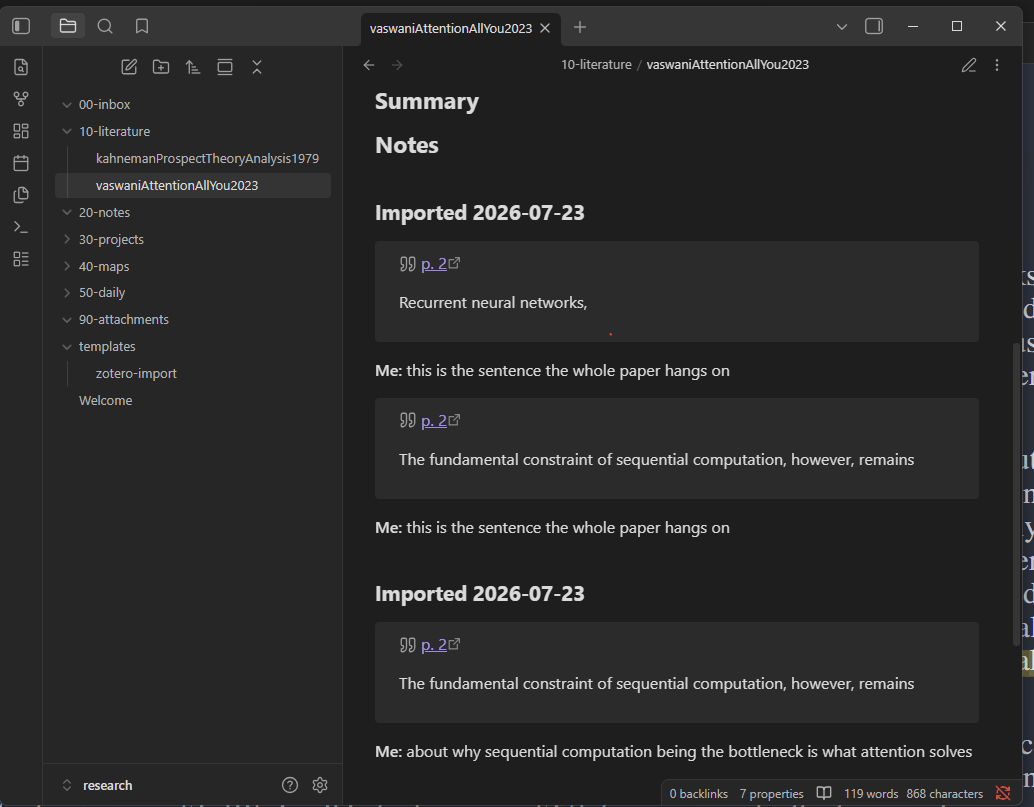 An imported literature note in a research vault: numbered folders in the sidebar, and the note carrying page-linked highlights from Zotero with the researcher's comments