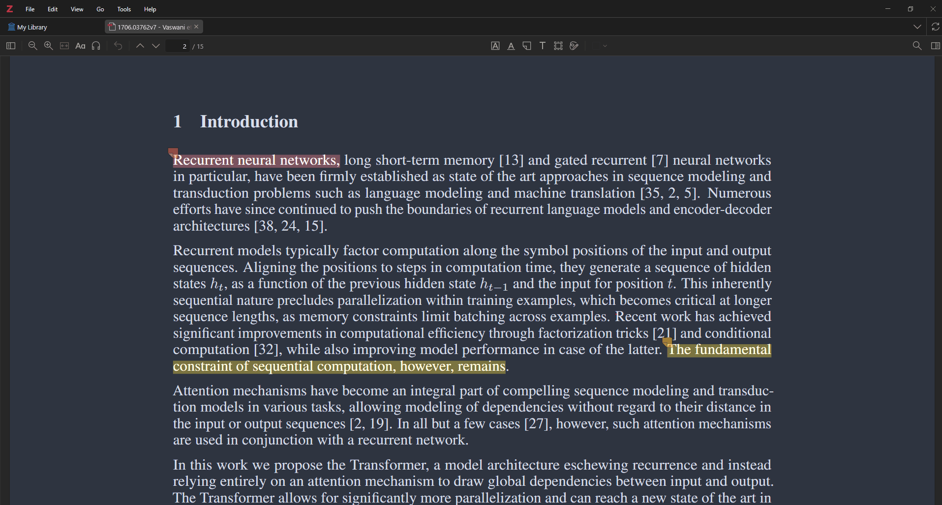 Zotero's PDF reader showing color-coded highlights on the Attention Is All You Need PDF, with the annotation sidebar listing each mark